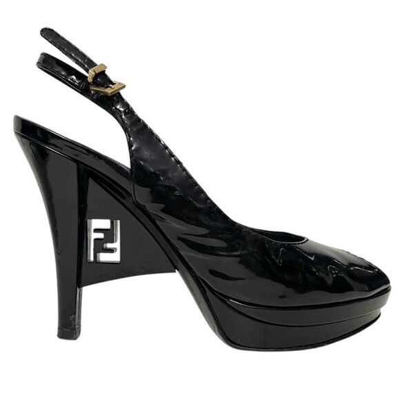 FENDI Patent Leather Slingback Logo Heel Peeptoe Sandals 37 - Picture 1 of 16
